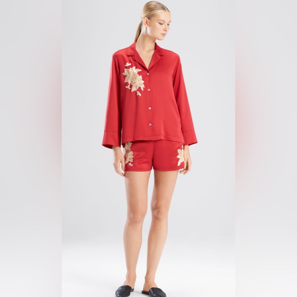 Natori red Ginza embroidery silk pajama set size Small